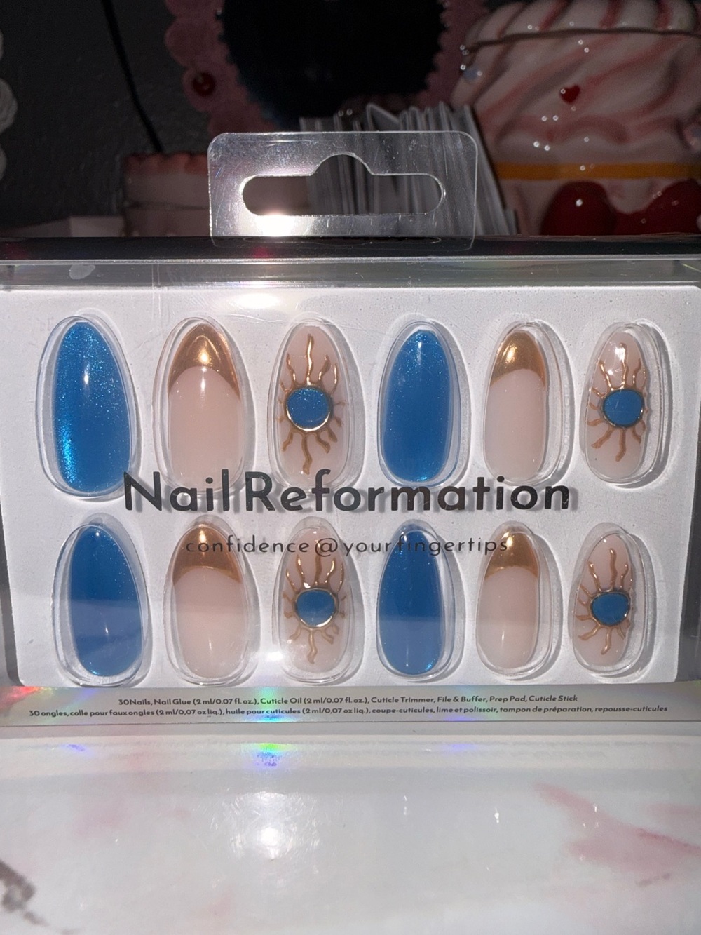 Nail Reformation”Sun & Sky” Blue and Gold Designed Press On Nails - Picture 4 of 6